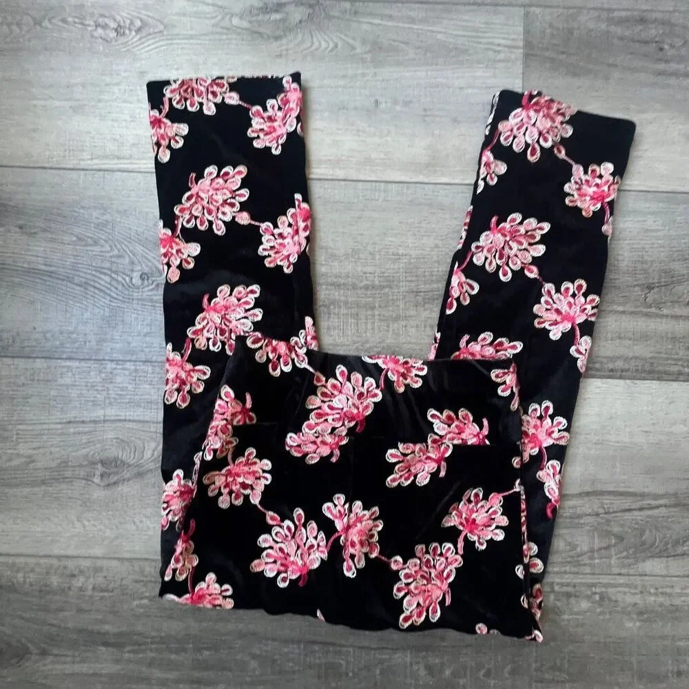 Lesley Evers Party Velvet Pants Embroidered Pink Floral Boho Retro NEW - Picture 2 of 7